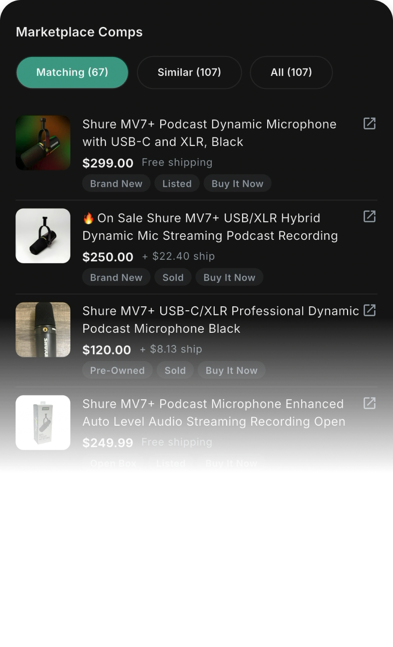 Marketplace comps showing matched listings with prices